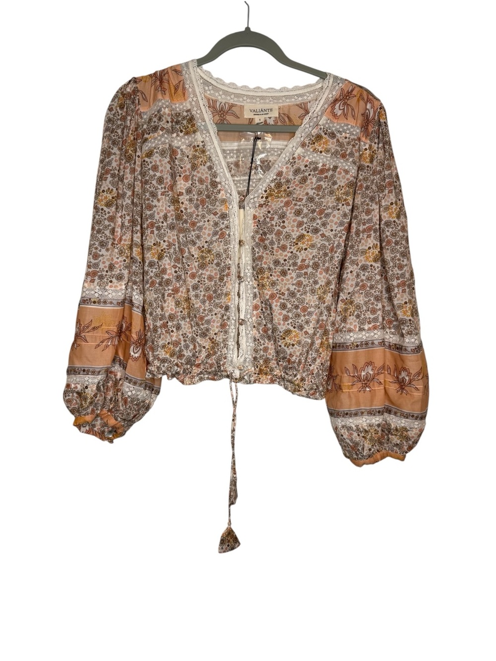 Valiante Los Angeles Peach Floral Lace-Trim Peasant Blouse Size 1